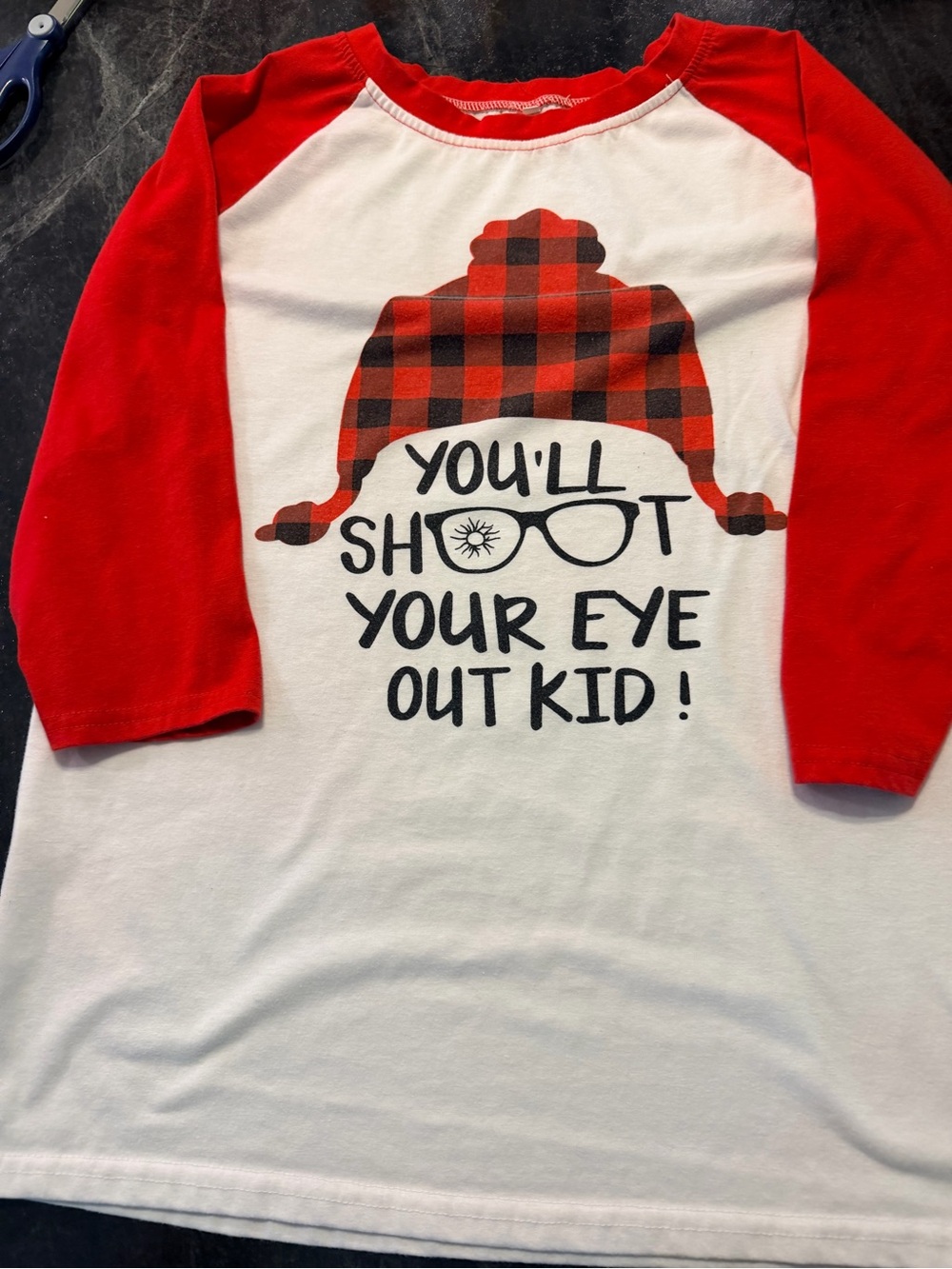 Kids Red & White Graphic Raglan Shirt - "You'll Shoot Your Eye Out Kid!"